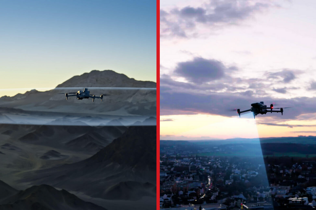 Enterprise drones flying over remote and populated environments to illustrate Basic and Advanced RPAS operations in Canada.