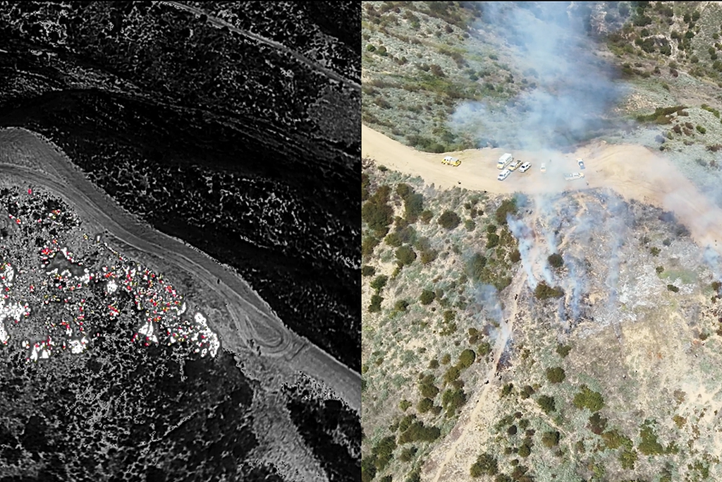Side-by-side thermal and visible drone imagery used to map wildfire hotspots and support night operations.