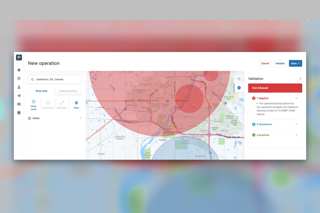 NAV Drone flight-planning interface showing controlled-airspace zones and operation validation in Canada.