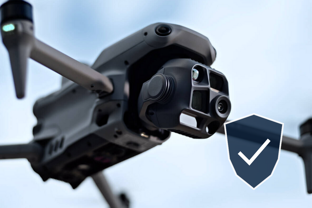 Commercial enterprise drone with a protective shield symbol illustrating drone insurance coverage in Canada