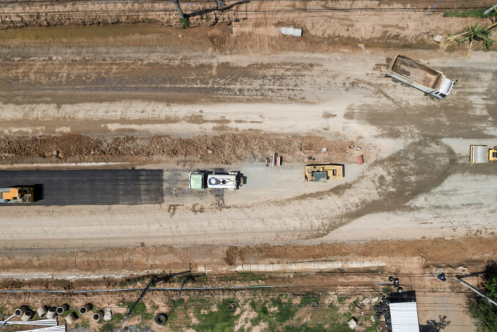 Aerial view of an active construction site captured for drone mapping and progress monitoring.
