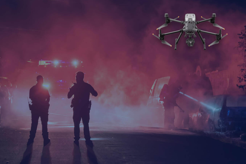 Enterprise drone supporting police, fire and emergency-response personnel during a nighttime incident.