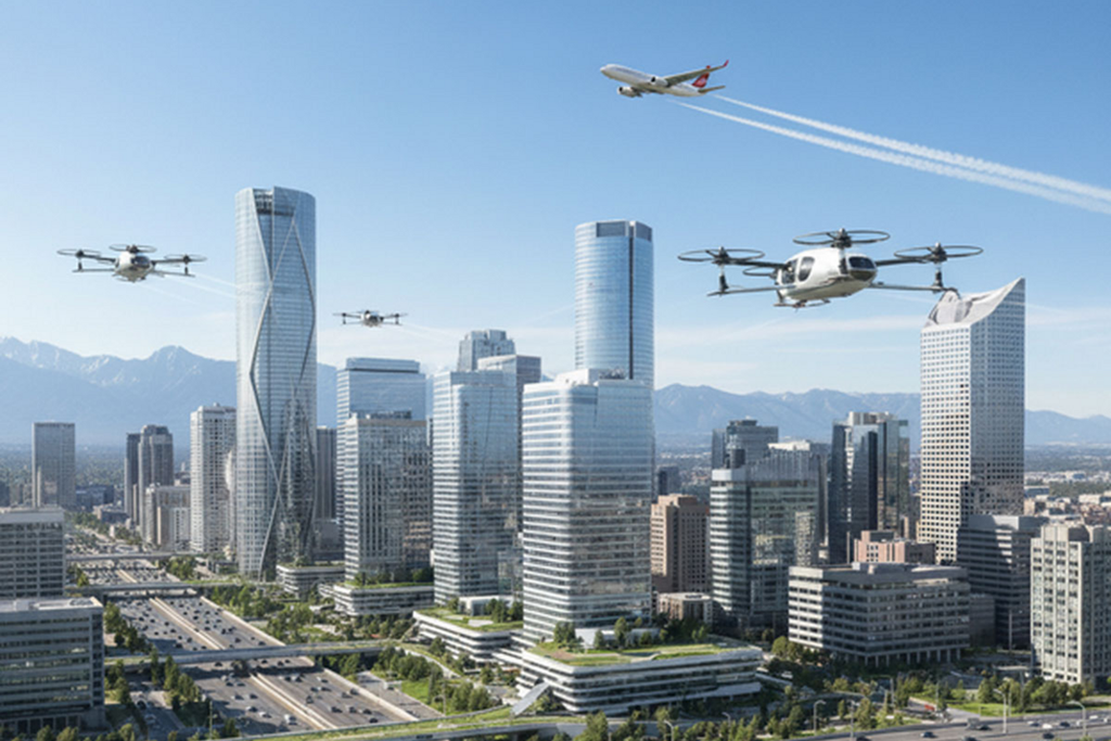 Drones, advanced air mobility aircraft and a passenger airplane operating above a modern city.