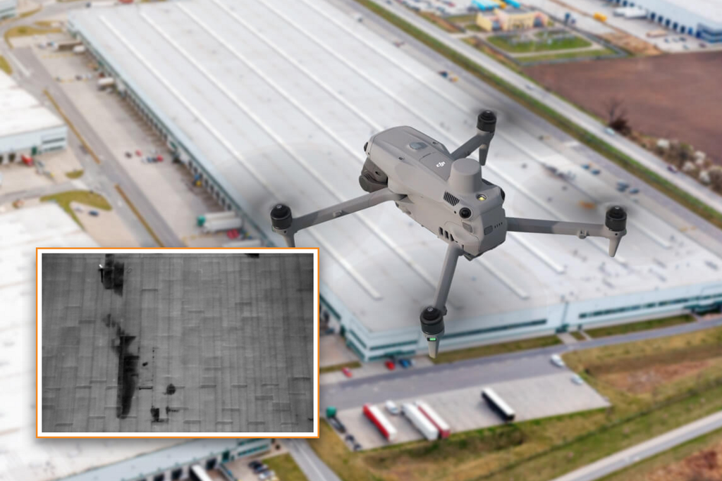 DJI thermal drone inspecting a commercial building roof with infrared imagery showing potential envelope anomalies.