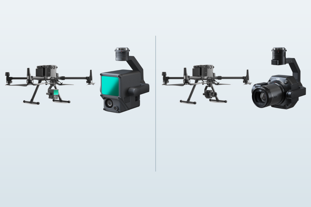 DJI Matrice drones with Zenmuse L1 LiDAR and P1 photogrammetry payloads shown side by side.